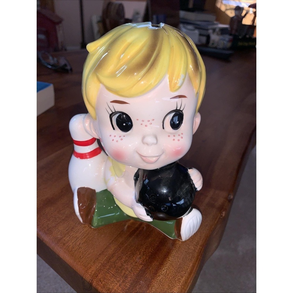 Vintage Japan Kitschy Boy w/Bowling Ball Pin Ceramic Still Bank Japan